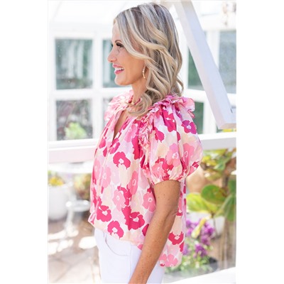 Pink Split Neck Ruffled Puff Sleeves Floral Top