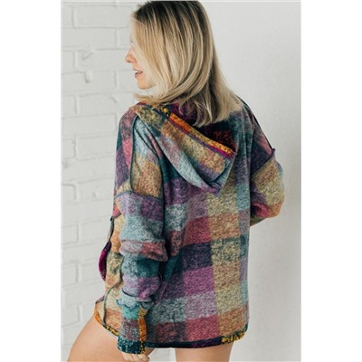 Multicolor Brushed Plaid Buttoned Pullover Oversized Hoodie