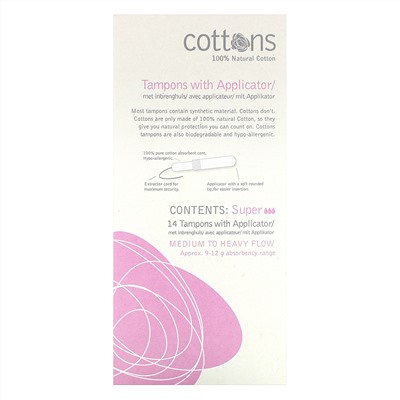 Cottons, 100% Natural Cotton, Tampons with Applicator, Super, 14 Tampons