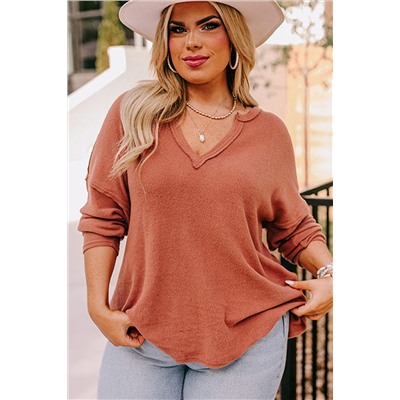 Gold Flame Plus Size Exposed Seam V Neck Long Sleeve Top