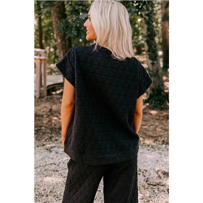 Black Quilted Short Sleeve Wide Leg Pants Set