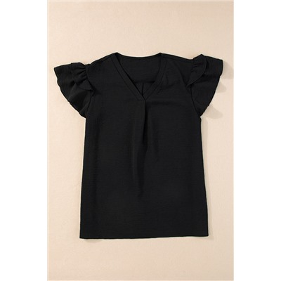 Black V Neck Ruffle Short Sleeve Blouse