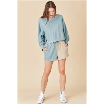 Sky Blue Split Hem Sweatshirt Color Block Shorts Set