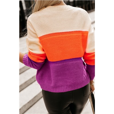 Multicolor Color Block Drop Shoulder Round Neck Knit Sweater