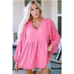 Pink Frilled V Neck Puff Sleeve Babydoll Blouse