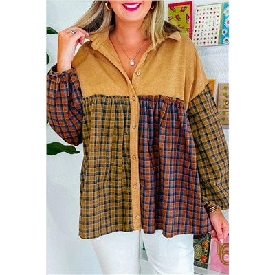 Mustard Contrast Plaid Print Puff Sleeve Shirt