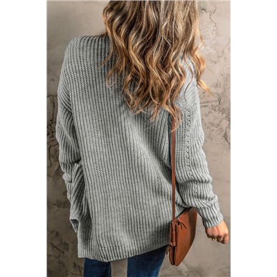 Gray Solid Color Textured Knit Pocket Open Front Cardigan