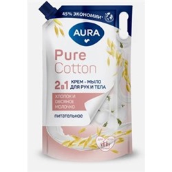 AURA Крем-Мыло 2в1 для рук и тела Хлопок и овсяное молочко Pure Cotton дой-пак 450 мл