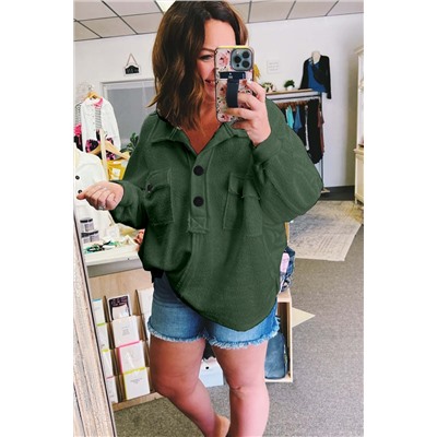 Blackish Green Plus Size Long Sleeve Flap Pocket Henley Top