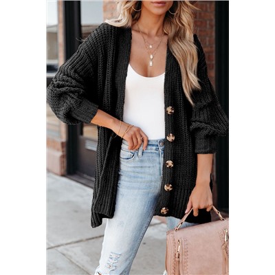 Black Buttoned Front Drop Shoulder Knitted Cardigan