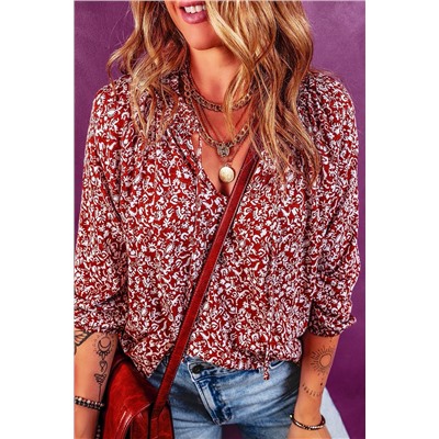 Biking Red Floral Print Smocked Tie Neck Blouse