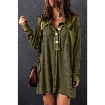 Green Waffle Knit Buttoned Long Sleeve Top