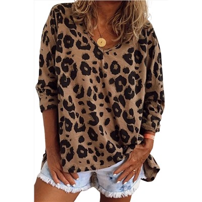 Brown Leopard Split Joint V Neck Long Sleeve Tops