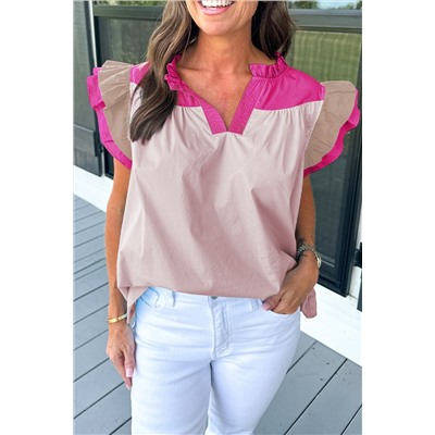 Pink Colorblock Ruffled Sleeve Frill V Neck Blouse