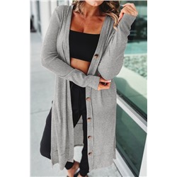 Gray Ribbed Button-Up Split Duster Cardigan