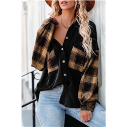 Black Plaid Patchwork Chest Pockets Oversized Shirt Jacket