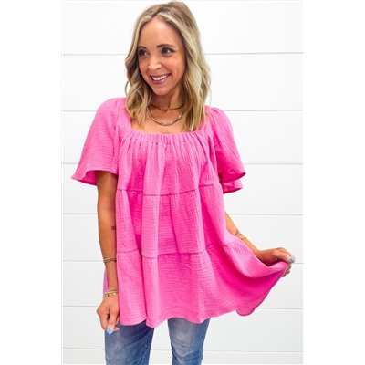 Bright Pink Textured Square Neck Flutter Sleeve Tiered Flowy Blouse