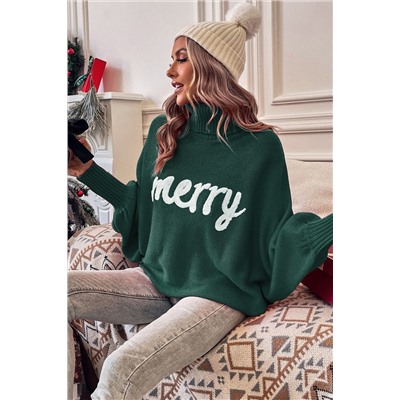 Blackish Green Merry Letter Embroidered High Neck Sweater