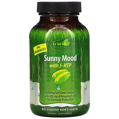 Irwin Naturals, Sunny Mood, 5-гидрокситриптофан плюс витамин D3, 80 гелевых капсул с жидкостью, плюс витамин C, 500 мг, 30 капсул