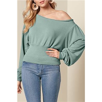 Green Off Shoulder Bishop Sleeve Cinched Waist Blouse