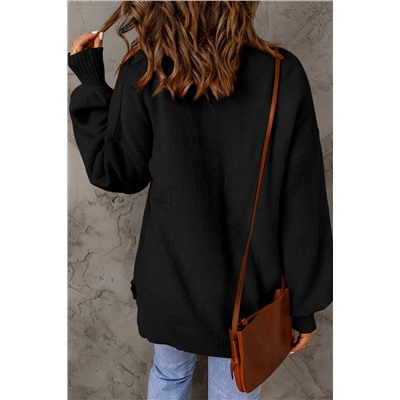 Black Solid Color Puffy Sleeve Pocketed Sweater