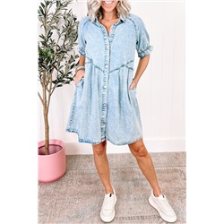 Beau Blue Mineral Wash Ruffled Short Sleeve Buttoned Denim Dress