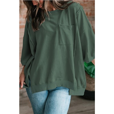 Laurel Green Exposed Seam Chest Pocket Split Loose T Shirt