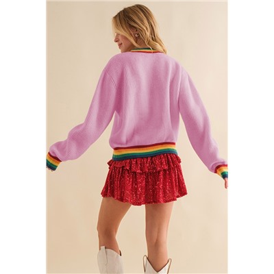 Bonbon Merry & Bright Colorful Stripes Trim Sweater