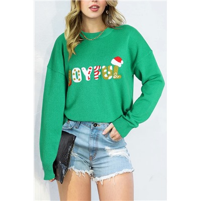 Bright Green Sequined JOYFUL Graphic Christmas Sweater