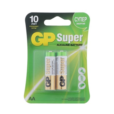 Батарейка алкалиновая GP Super, AA, LR6-2BL, 1.5В, блистер, 2 шт.