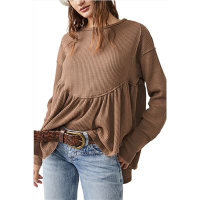 Brown Solid Color Ribbed Long Sleeve Peplum Blouse