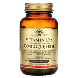 Solgar, витамин D3 (холекальциферол), 250 мкг (10 000 МЕ), 120 капсул