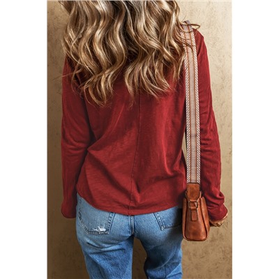 Fiery Red Sandalwood V Neck Center Seam Long Sleeve Tee