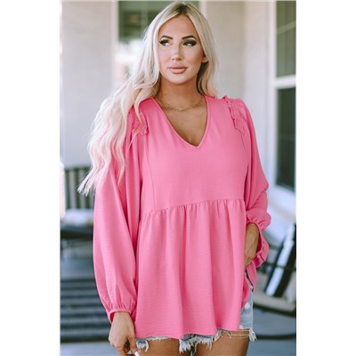 Pink Frilled V Neck Puff Sleeve Babydoll Blouse