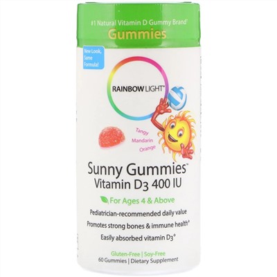 Rainbow Light, Sunny Gummies, витамин D3, терпкий мандарин и апельсин, для детей возрастом от 4 лет, 400 МЕ, 60 жевательных конфет