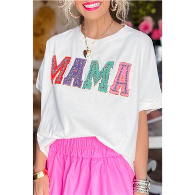 White MAMA Chenille Patched Crew Neck T Shirt