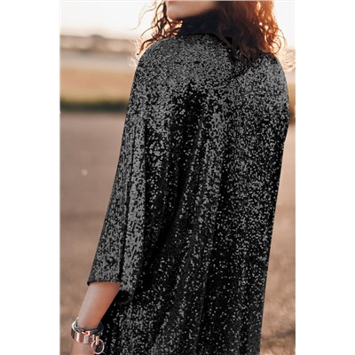 Black Sequin 3/4 Sleeve Open Front Duster Kimono