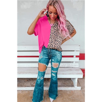 Rose Contrast Leopard Color Block Blouse