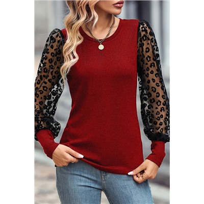 Ruby Leopard Mesh Puff Sleeve Patchwork Slim Fit Top
