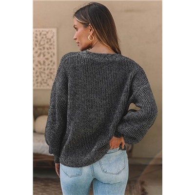 Gray Drop Shoulder Puff Sleeve Buttoned V Neck Cardigan