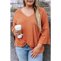 Gold Flame Plus Size Twist Hem Bracelet Sleeve Ribbed Top