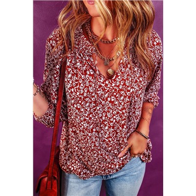 Biking Red Floral Print Smocked Tie Neck Blouse