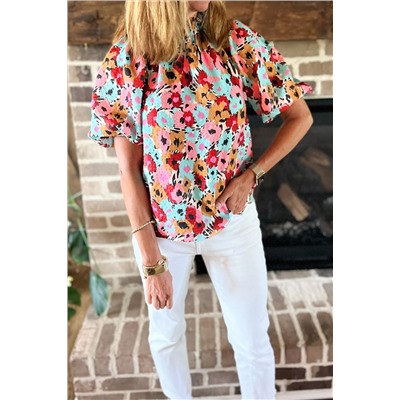 White Frilled High Neck Buttons Back Floral Blouse