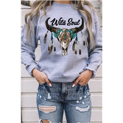 Сиреневый свитшот с принтом "череп буйвола" и надписью: Wild Soul