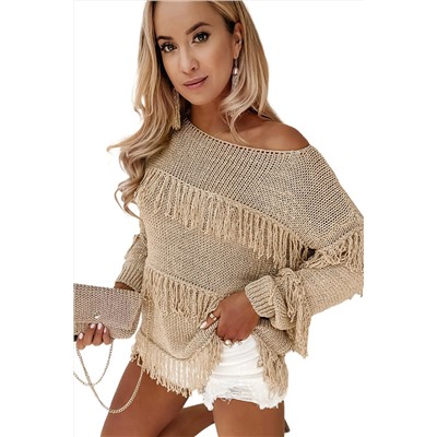 Khaki Boho Tasseled Knitted Sweater