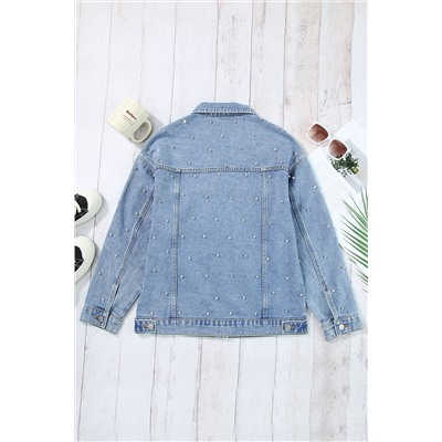 Mist Blue Rhinestones Studded Denim Jacket