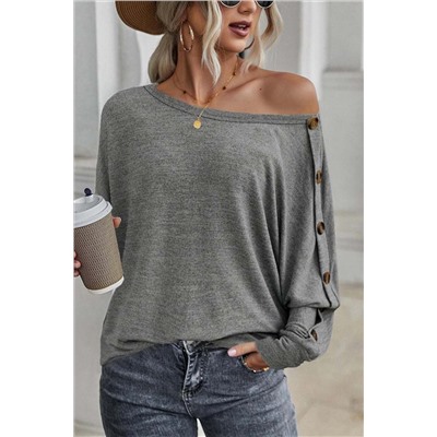 Gray Solid Color Button Decor Dolman Sleeve Top