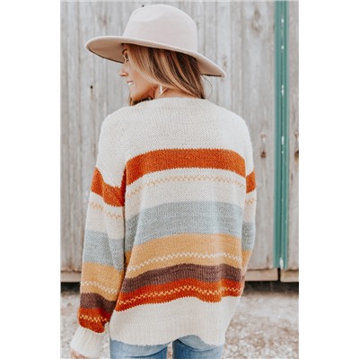 Бежевый свитер оверсайз в разноцветную полоску с заниженными плечами