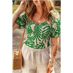 Dark Green Tropical Leaf Print Smocked Crop Top