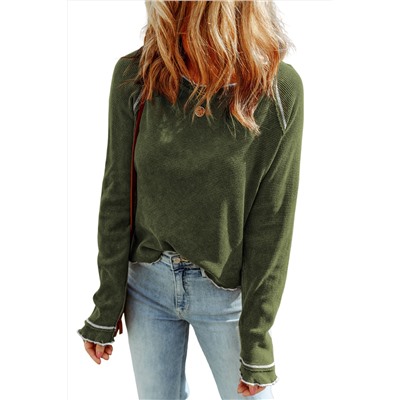 Green Textured Round Neck Long Sleeve Top